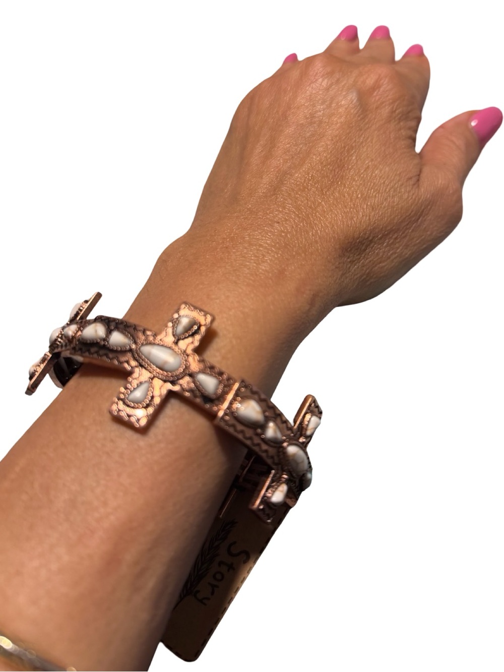 Cooper Cross Bracelet with White Inlays, Boho, Rustic, Bold, Chunky, Religious